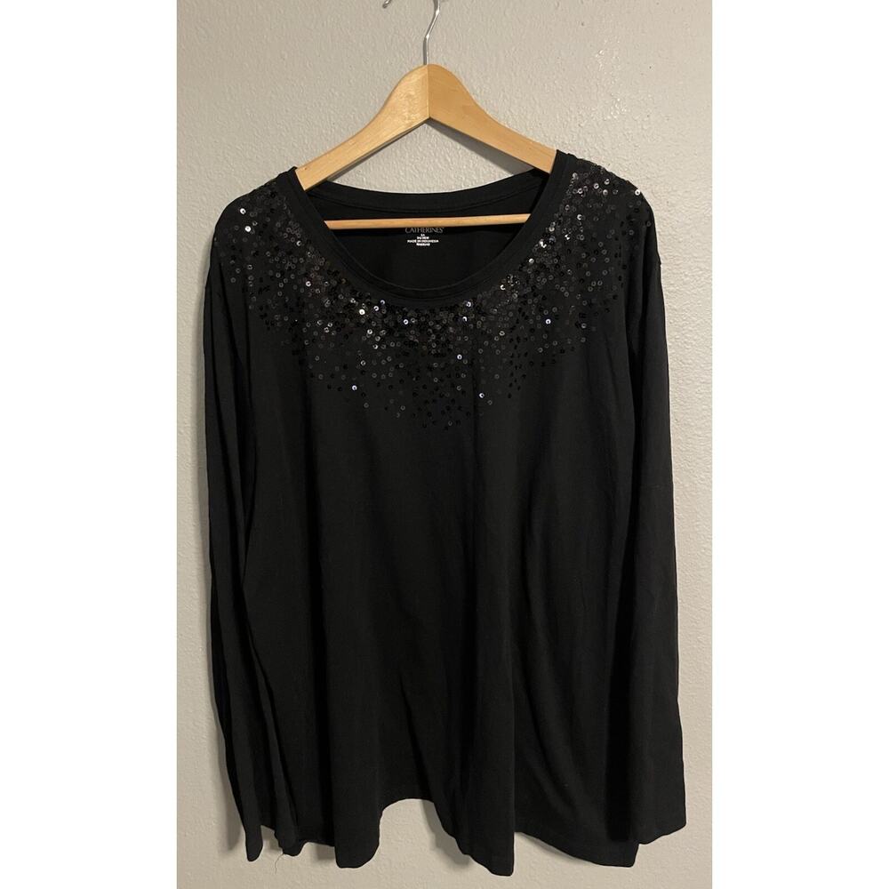 Catherines Womens Top Size 5X Black Long Sleeve Sequin Neckline Casual Modern